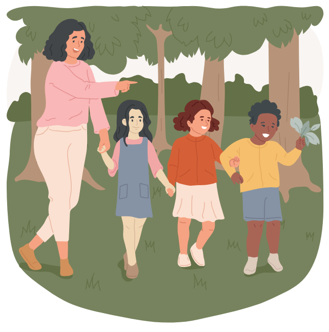 Teacher with children in the forest